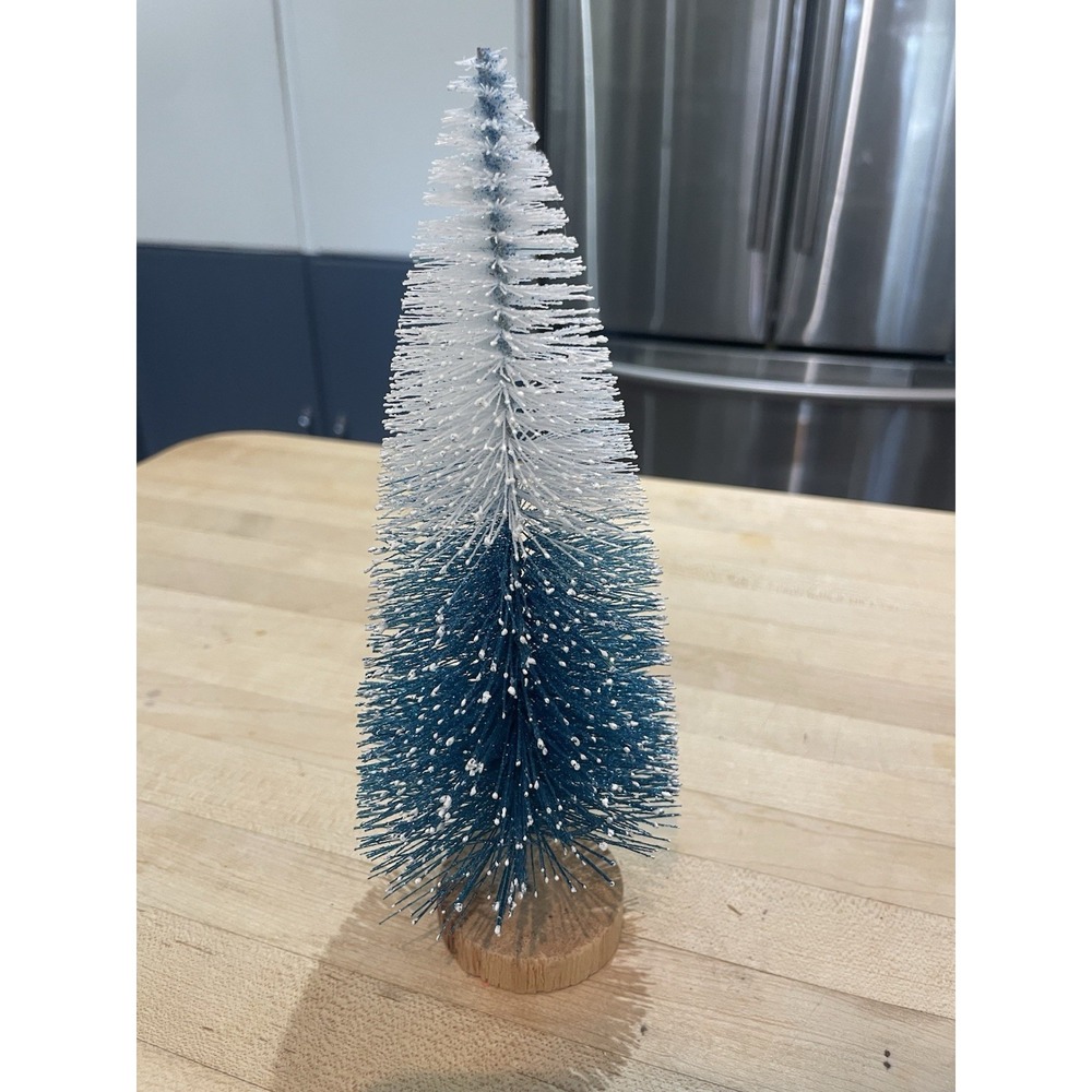Vtg 8" Flocked Blue Bristle Snowy Christmas Tree Wood Base Retro Holiday Decor